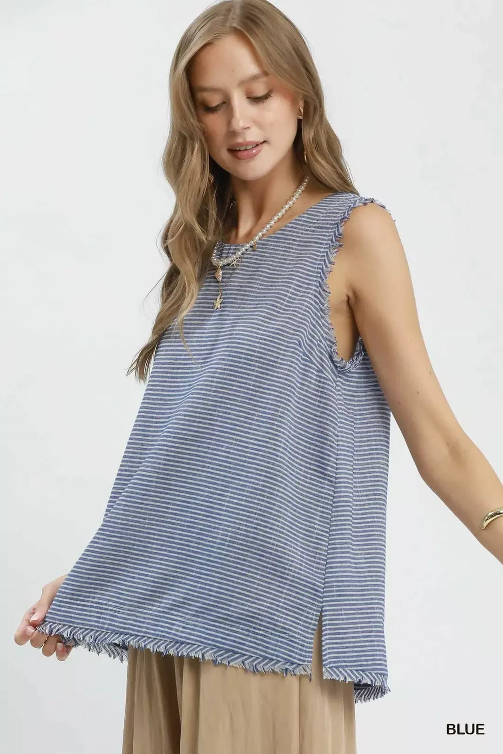 Umgee Stripe Fringe Trim Sleeveless Top - Lilixa.store