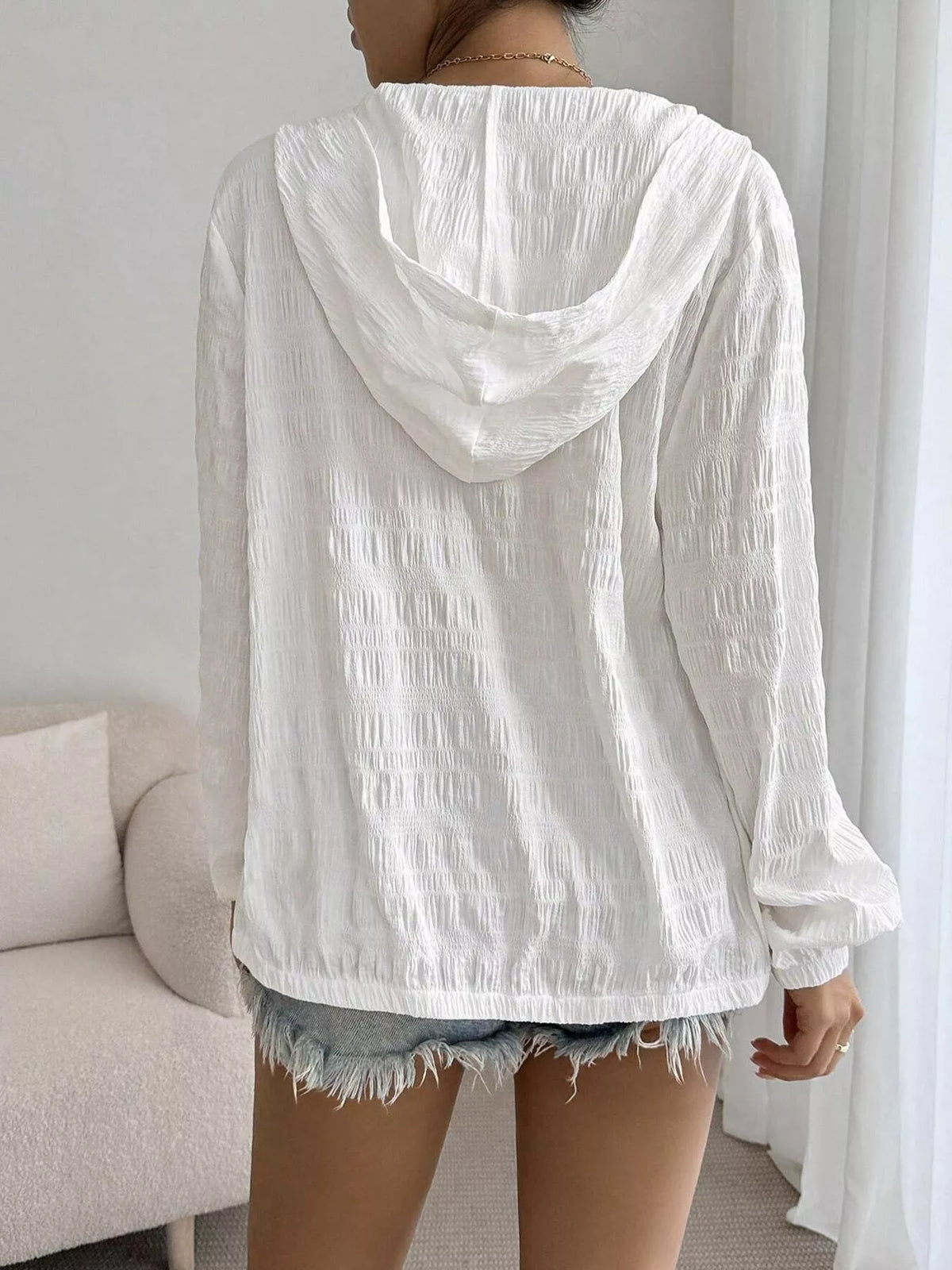 Lightweight Textured Hooded Jacket in White, view 2