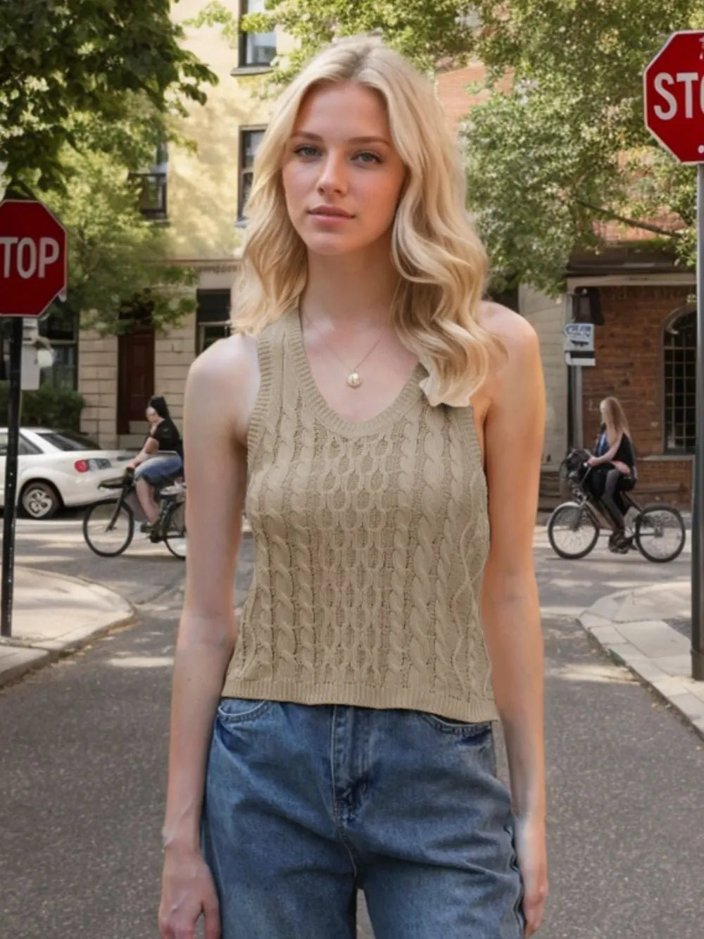 Cable-Knit V-Neck Knit Tank in Khaki