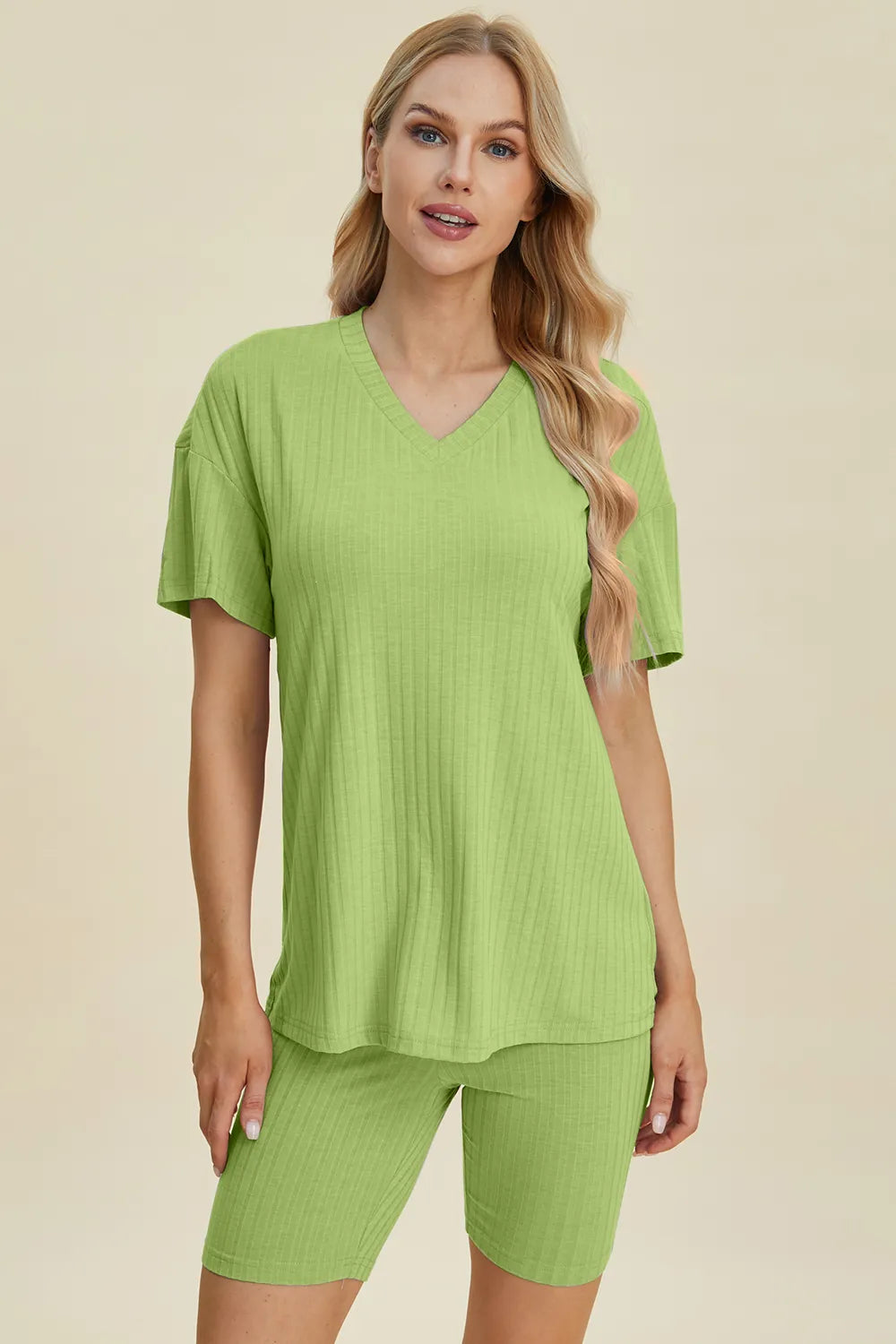Basic Bae Full Size Ribbed V-Neck Short Sleeve Top and Shorts Set - Lilixa.store