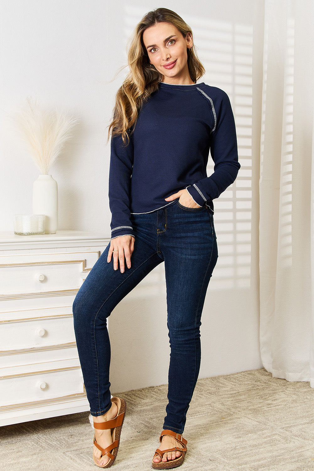Basic Bae Long Raglan Sleeve Round Neck Top in Dark Blue, view 10