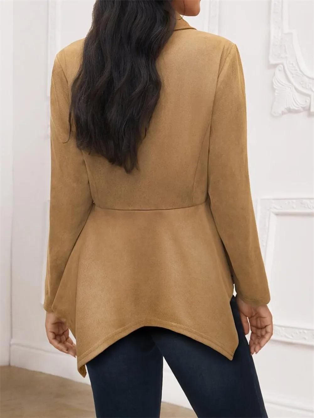 Handkerchief Hem Button Up Collared Neck Jacket in Camel, view 2