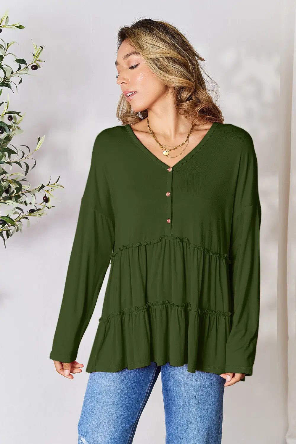 Double Take Half Button Long Sleeve Ruffle Hem Blouse - Lilixa.store