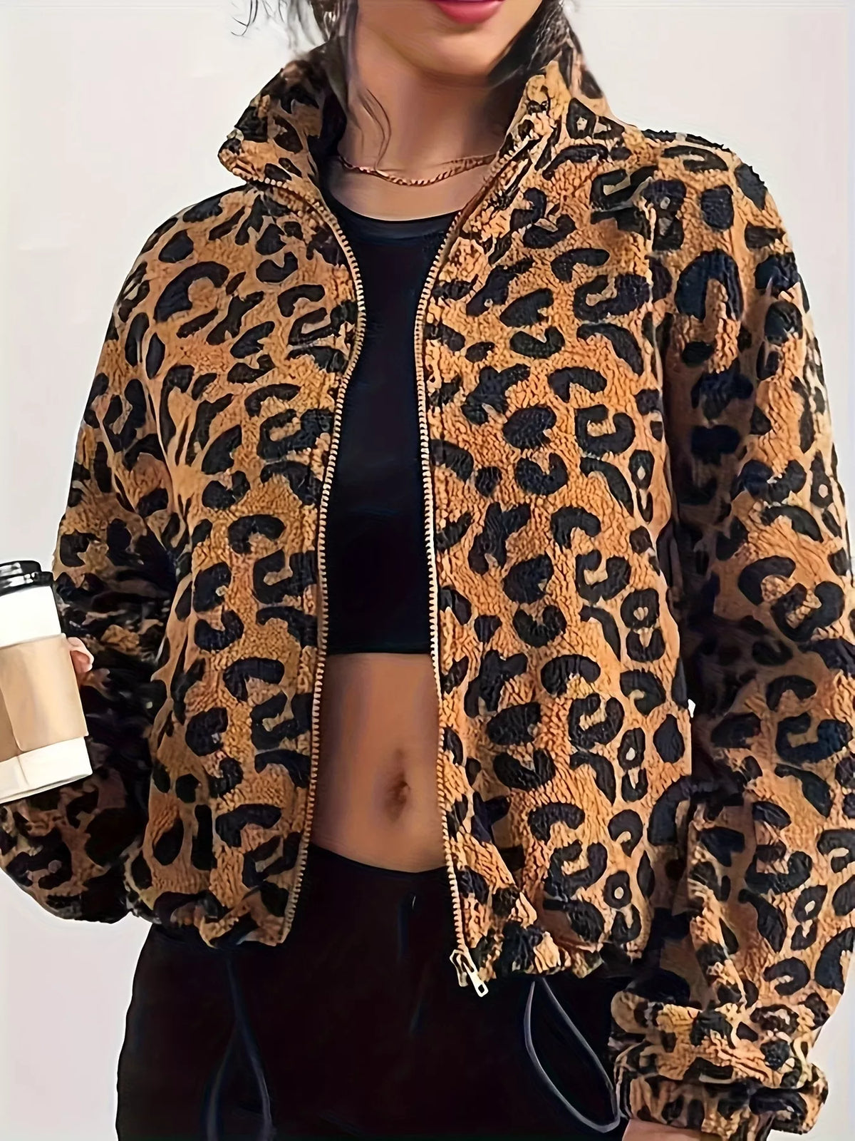 Leopard Fleece Zip-Up Jacket in Khaki, view 3