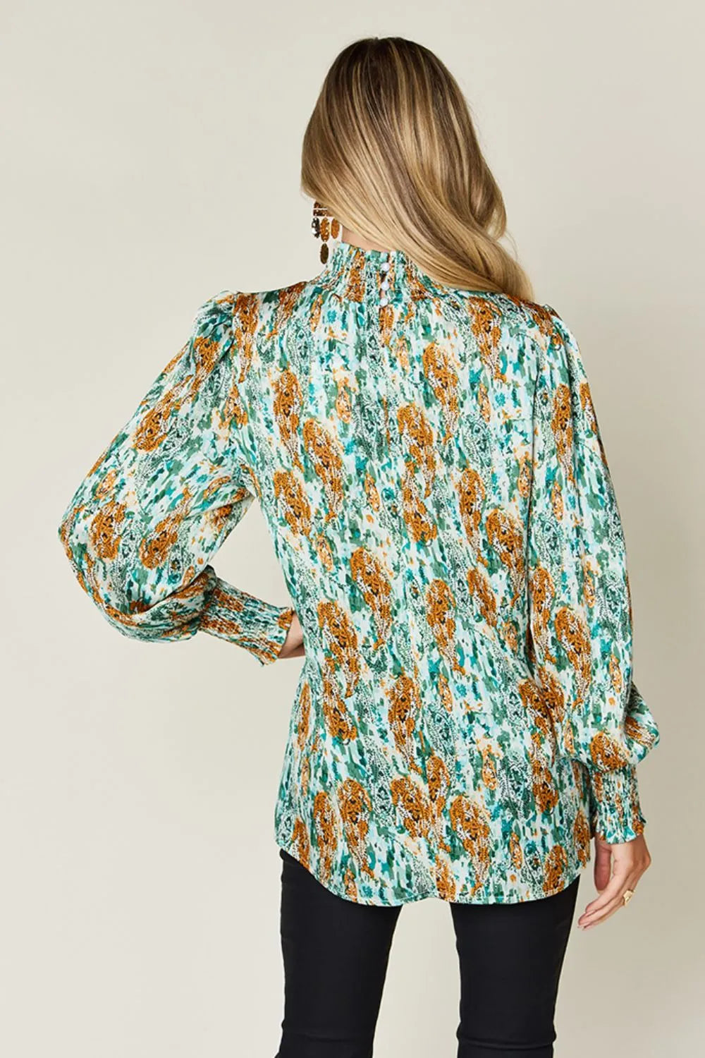 Double Take Full Size Printed Smocked Long Sleeve Blouse - Lilixa.store