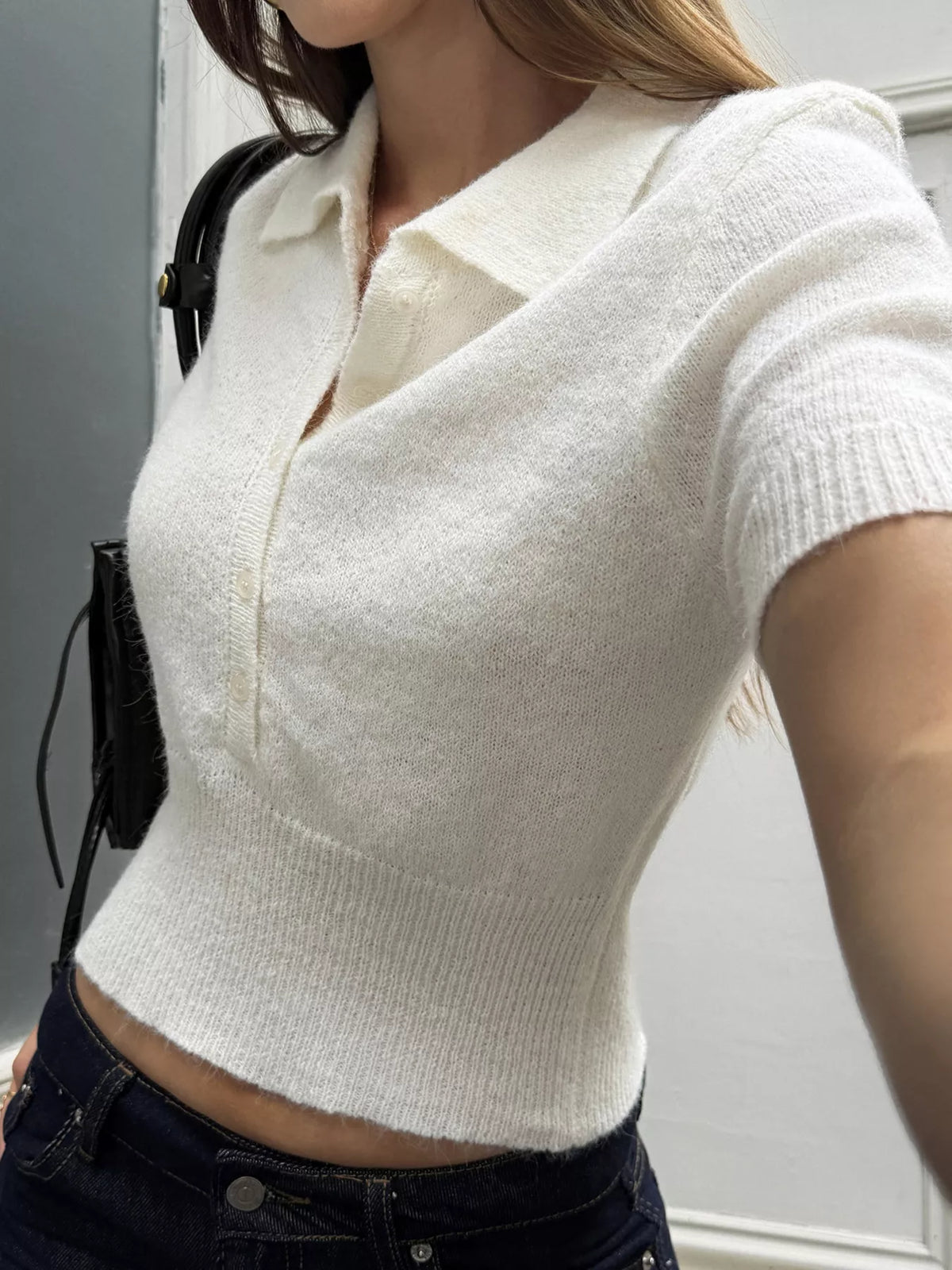 Button Front Short Sleeve Sweater - Lilixa.store
