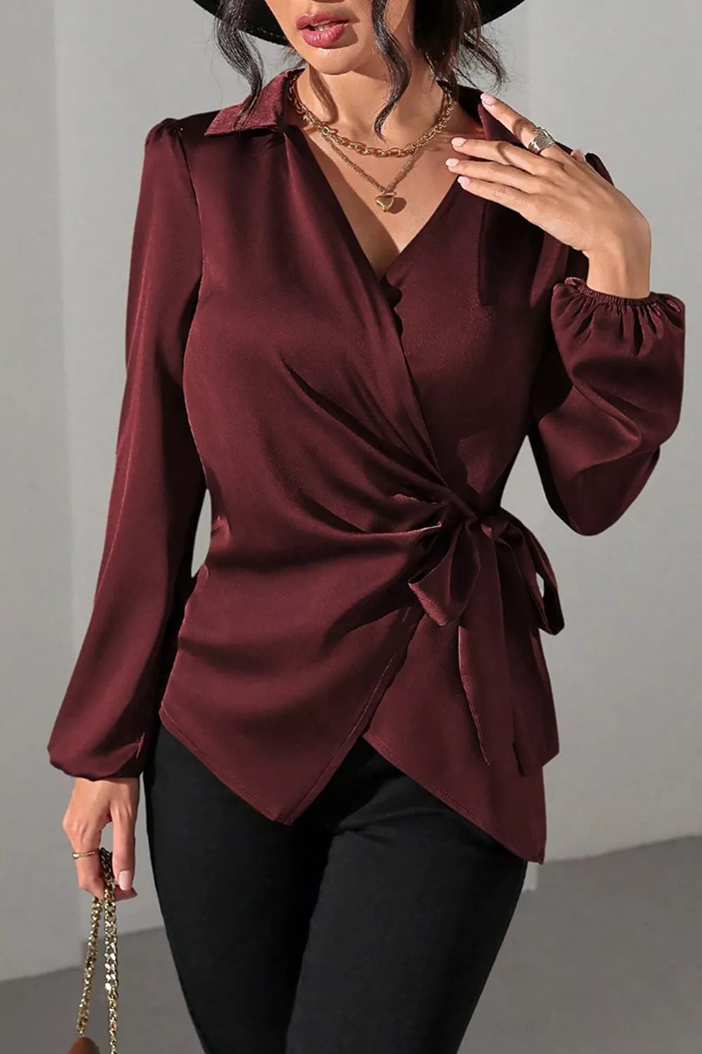 Satin Tied Detail Long Sleeve Blouse, view 9