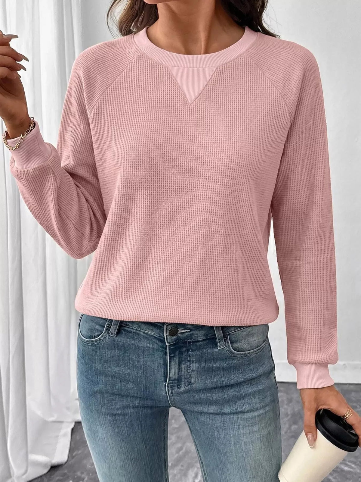 Waffle Knit Crew Neck Long Sleeve Sweatshirt, view 3