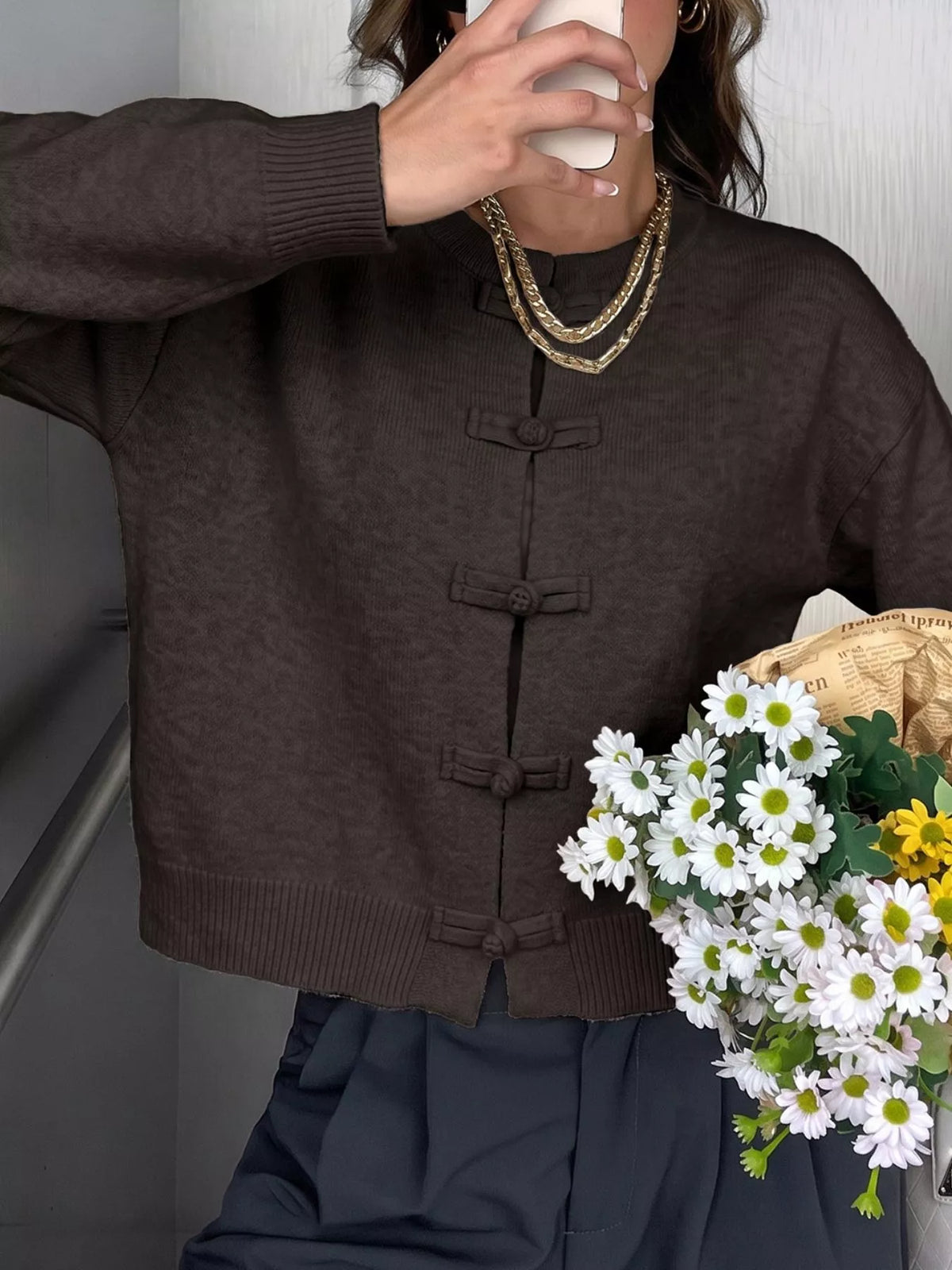 Chinese-Style Button Knit Cardigan - Lilixa.store