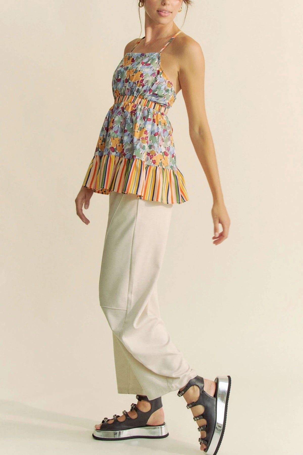 Davi & Dani Floral Smocked Sleeveless Ruffle Back Tie Top - Lilixa.store