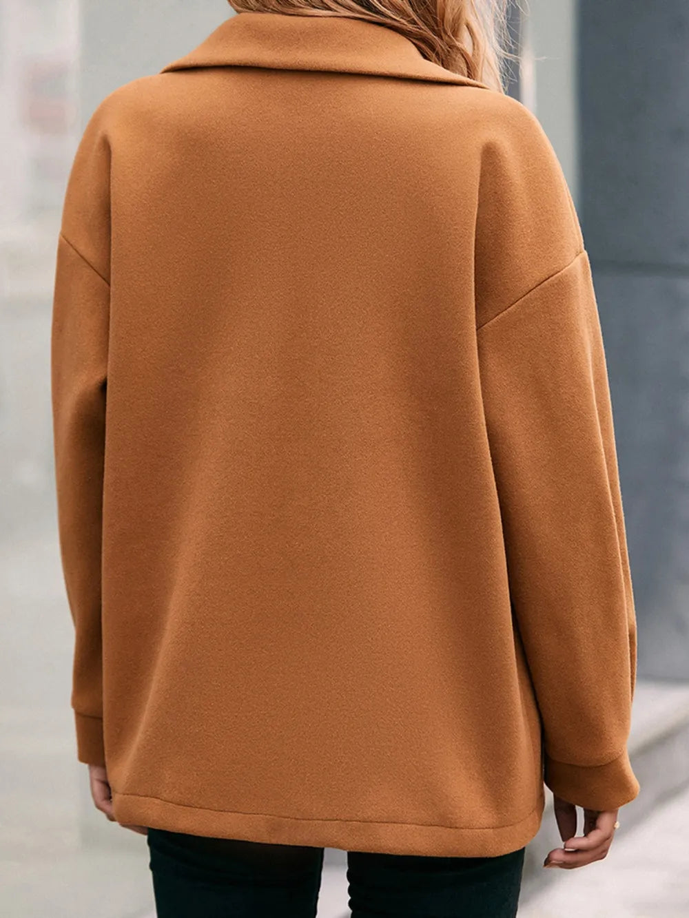Ivy Lane Pocketed Snap Down Dropped Shoulder Jacket in Caramel, view 2