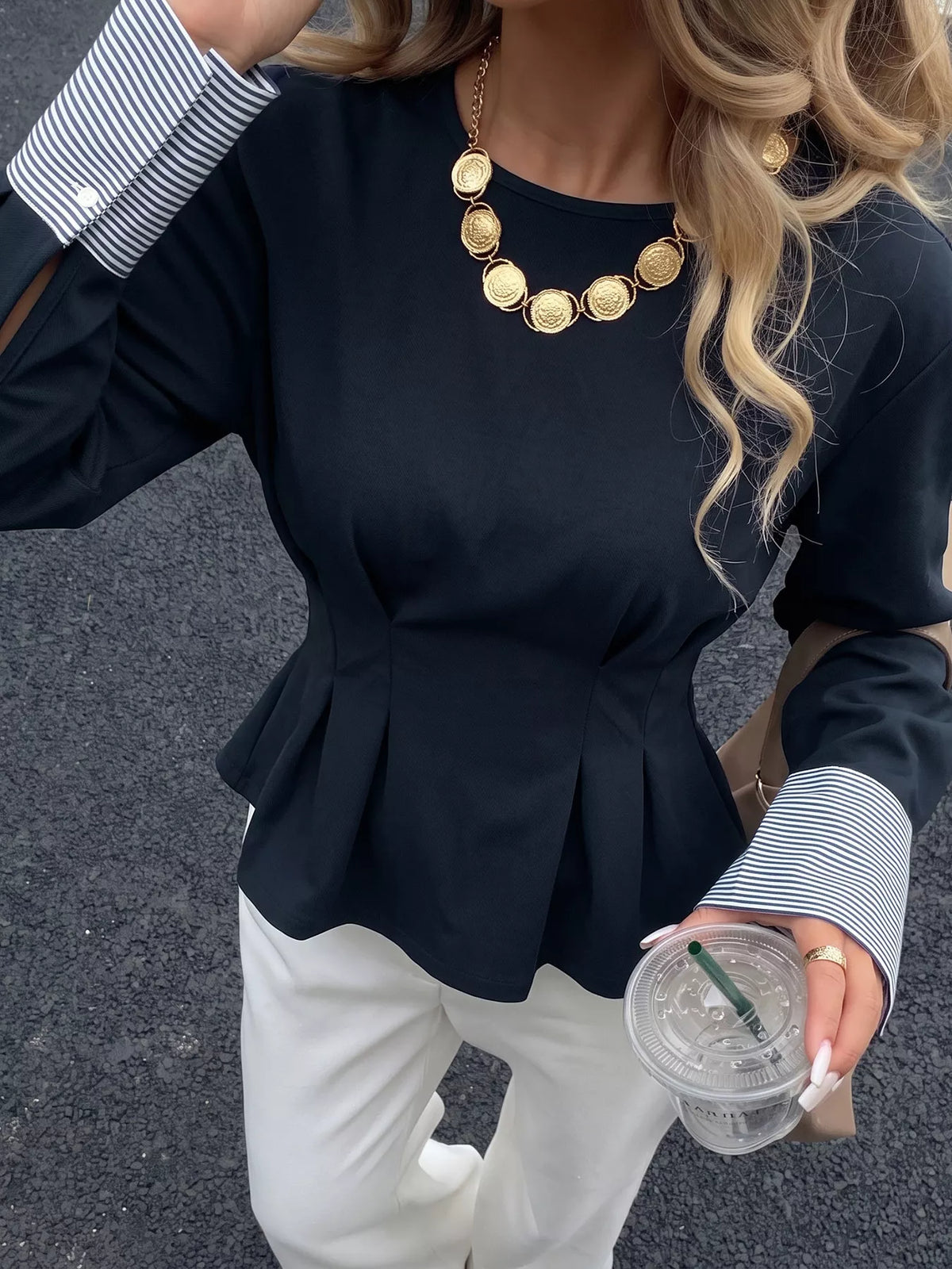 Round Neck Peplum Top with Striped Cuffs in Dark Blue, view 3