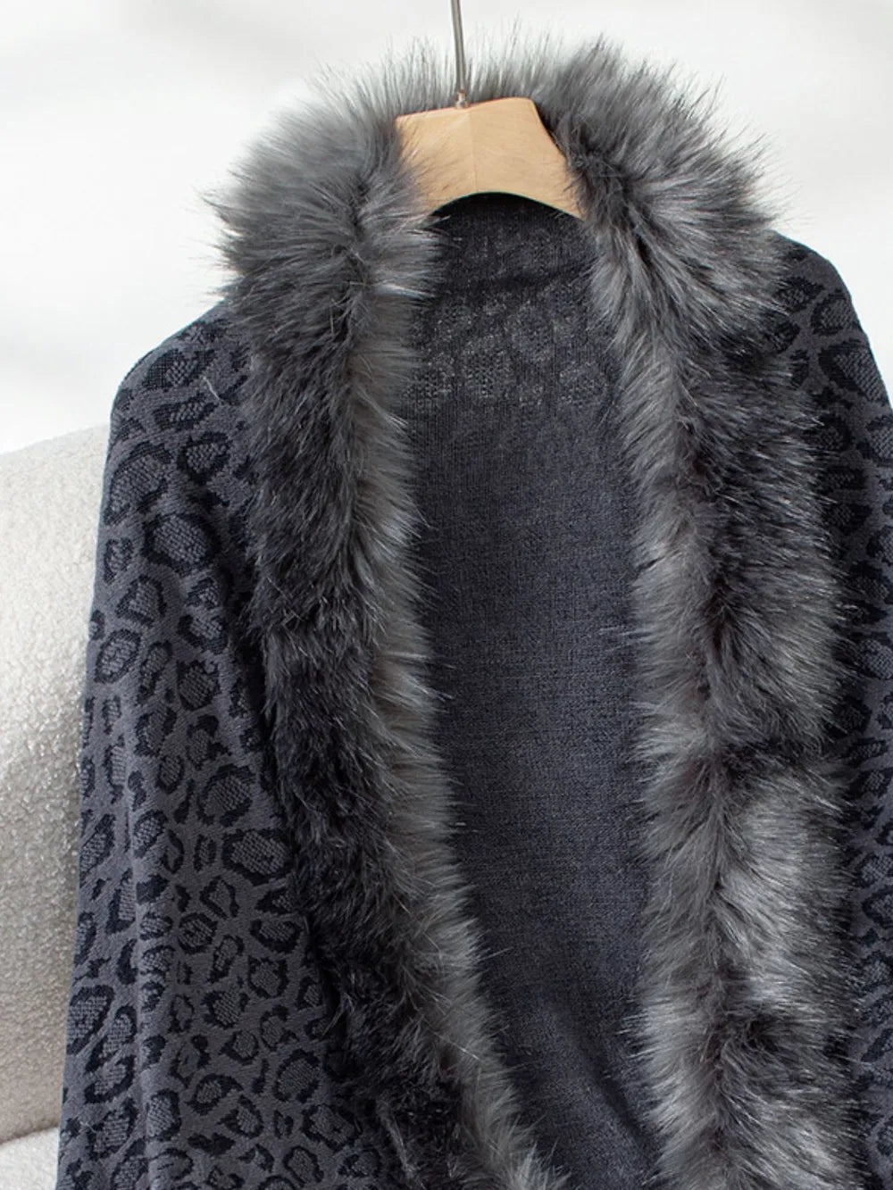 Fringe Leopard Open Front Long Sleeve Poncho, view 7