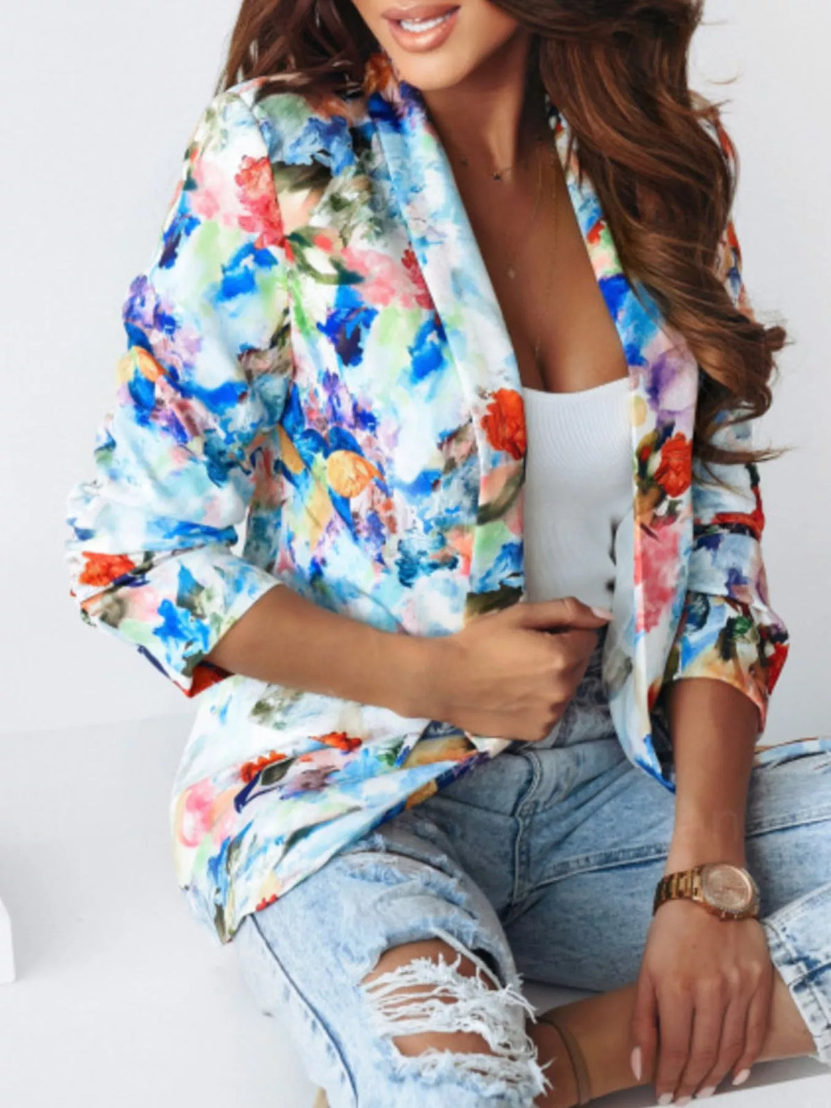 Vibrant Floral Print Open Front Blazer - Lilixa.store