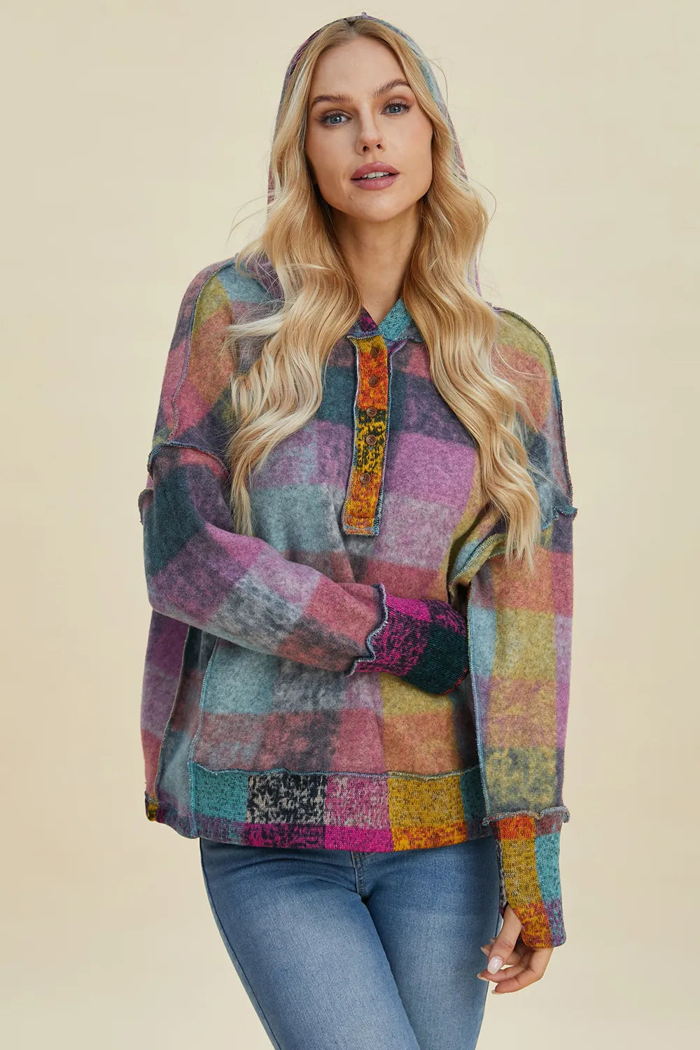 Double Take Full Size Plaid Dropped Shoulder Fleece Hoodie Plus Size - Lilixa.store