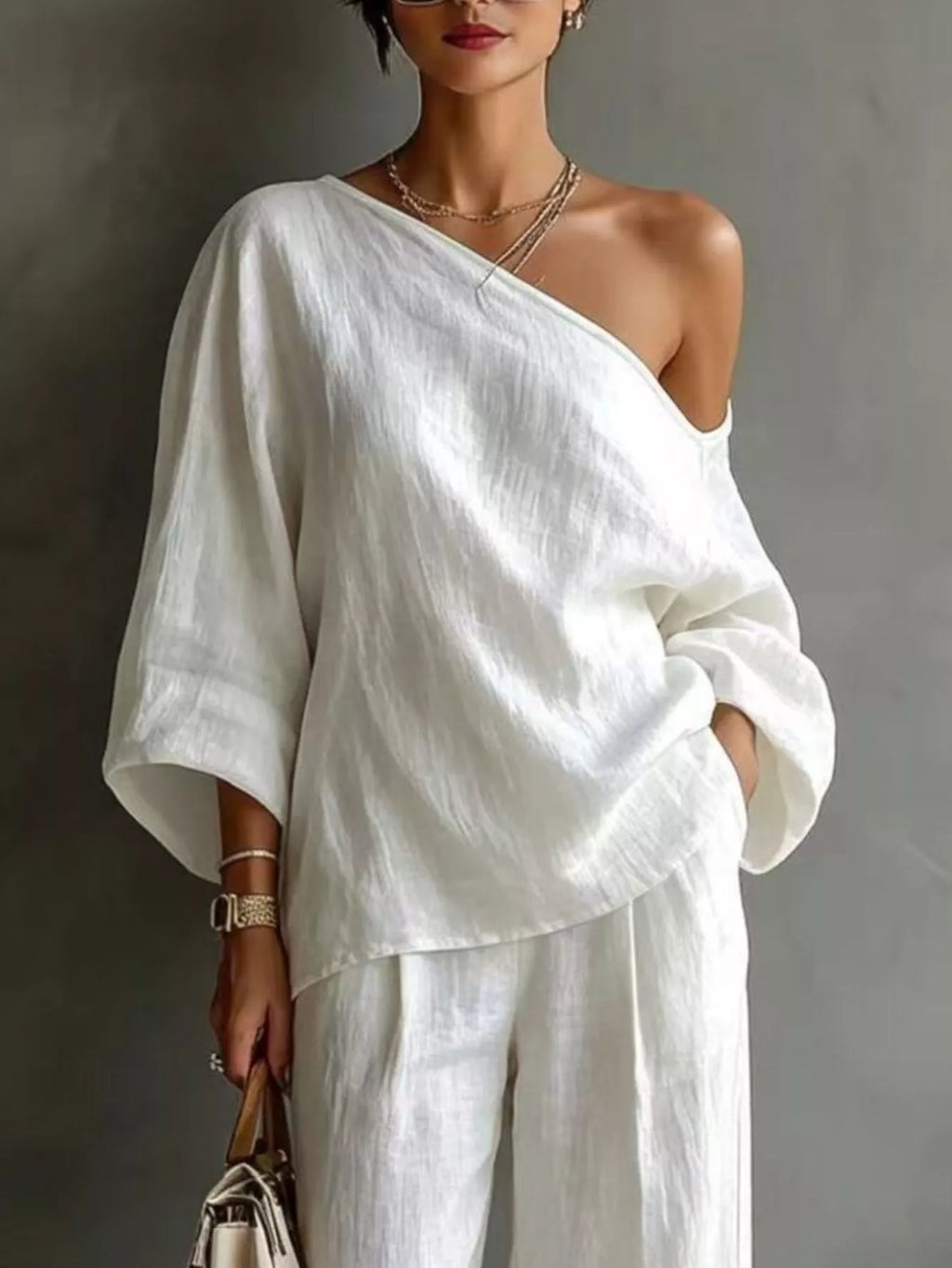 One Shoulder Top and Wide Leg Pants Set - Lilixa.store