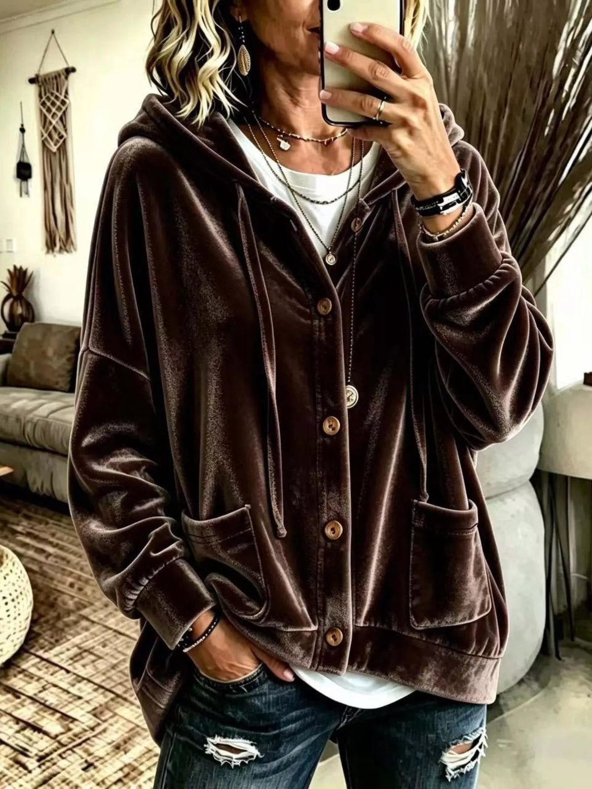 Full Size Casual Button-Down Hooded Outerwear Plus Size in Brown