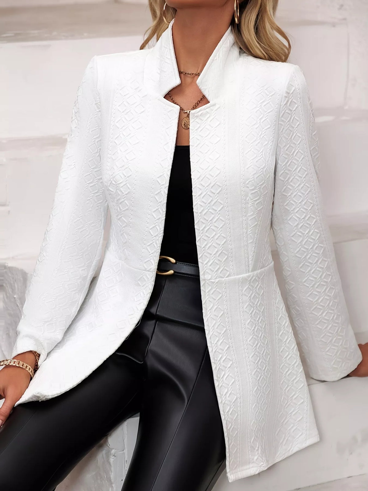 Textured Open Front Slim Fit Blazer - Lilixa.store