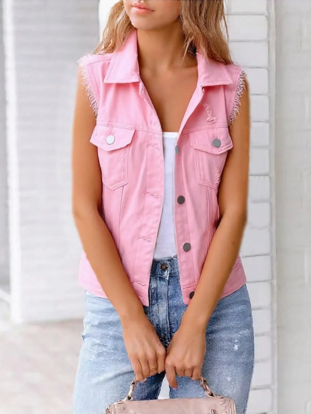 Full Size Button Down Raw Hem Sleeveless Denim Jacket Plus Size in Pink