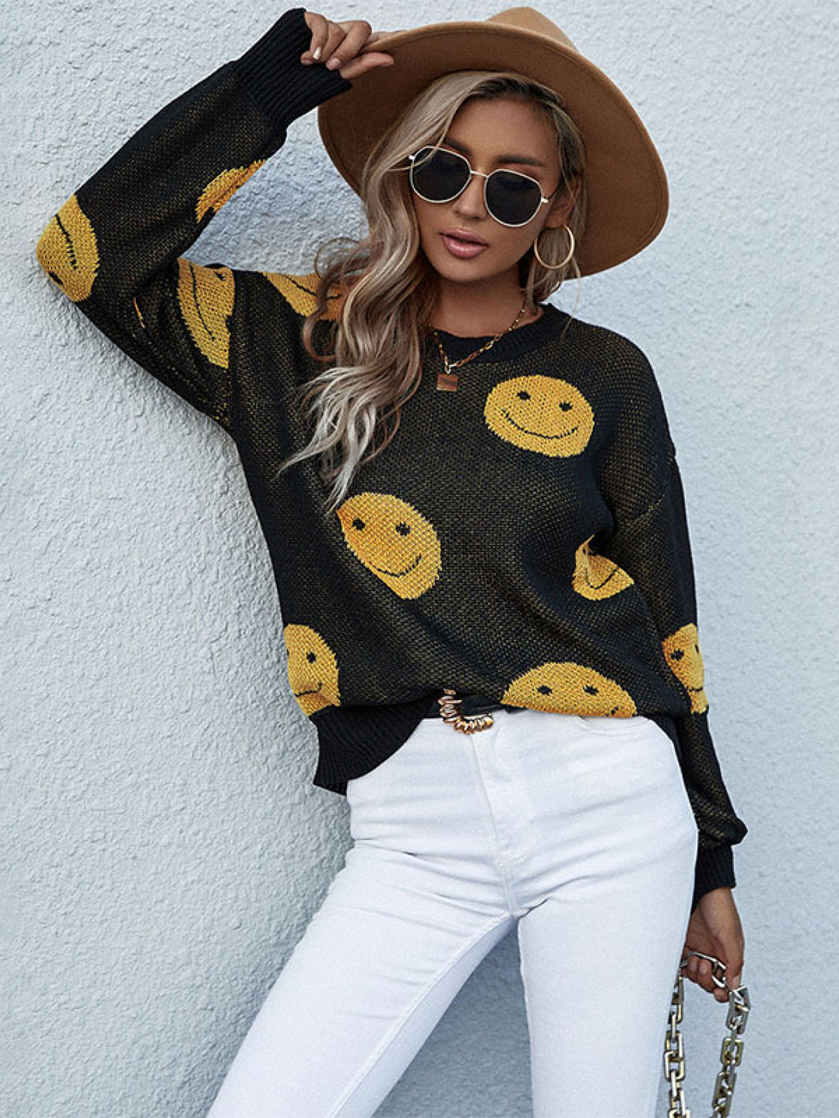 Perfee Smiley Face Sweater in Black