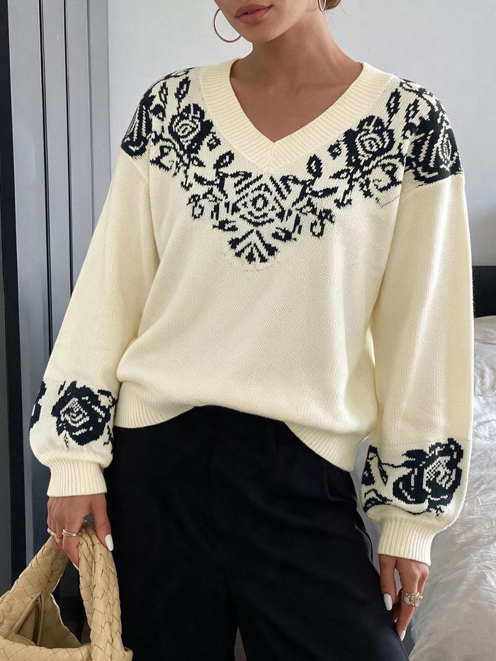 Floral Dropped Shoulder Sweater in Apricot