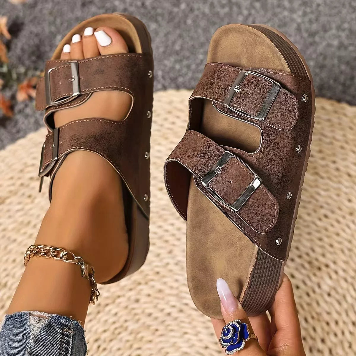 Double Buckle Open Toe Platform Sandals in Brown