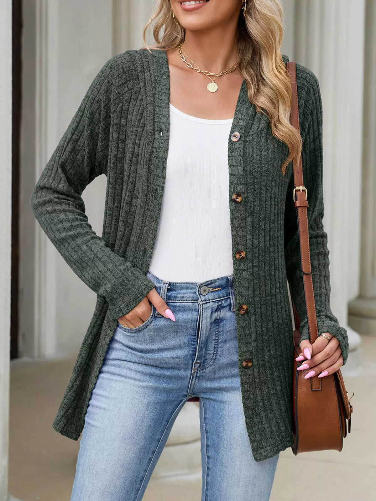 Ribbed Knit Hooded Button-Down Cardigan - Lilixa.store