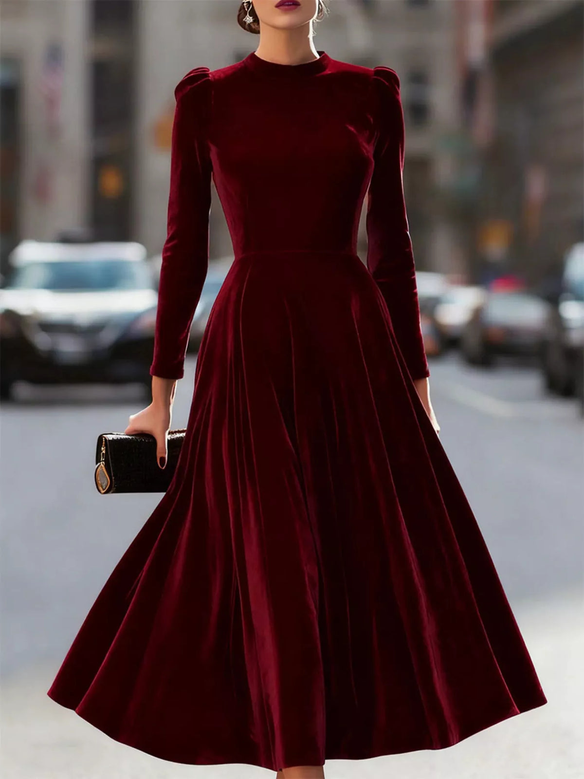Velvet Long Sleeve A-Line Dress - Lilixa.store