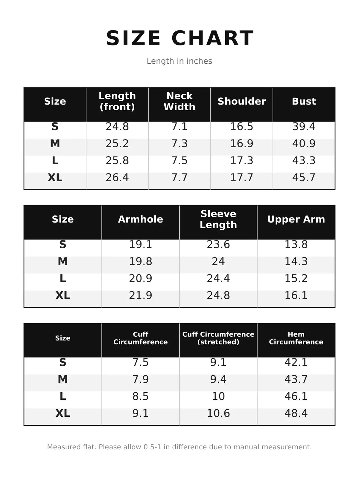 Chinese-Style Mandarin Collar Blouse size chart