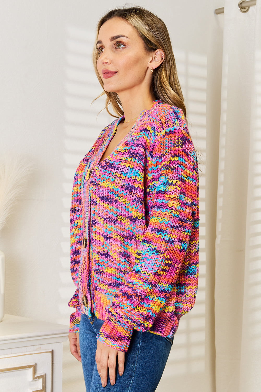 Angel Wings Woven Right V-Neck Long Sleeve Cardigan - Lilixa.store