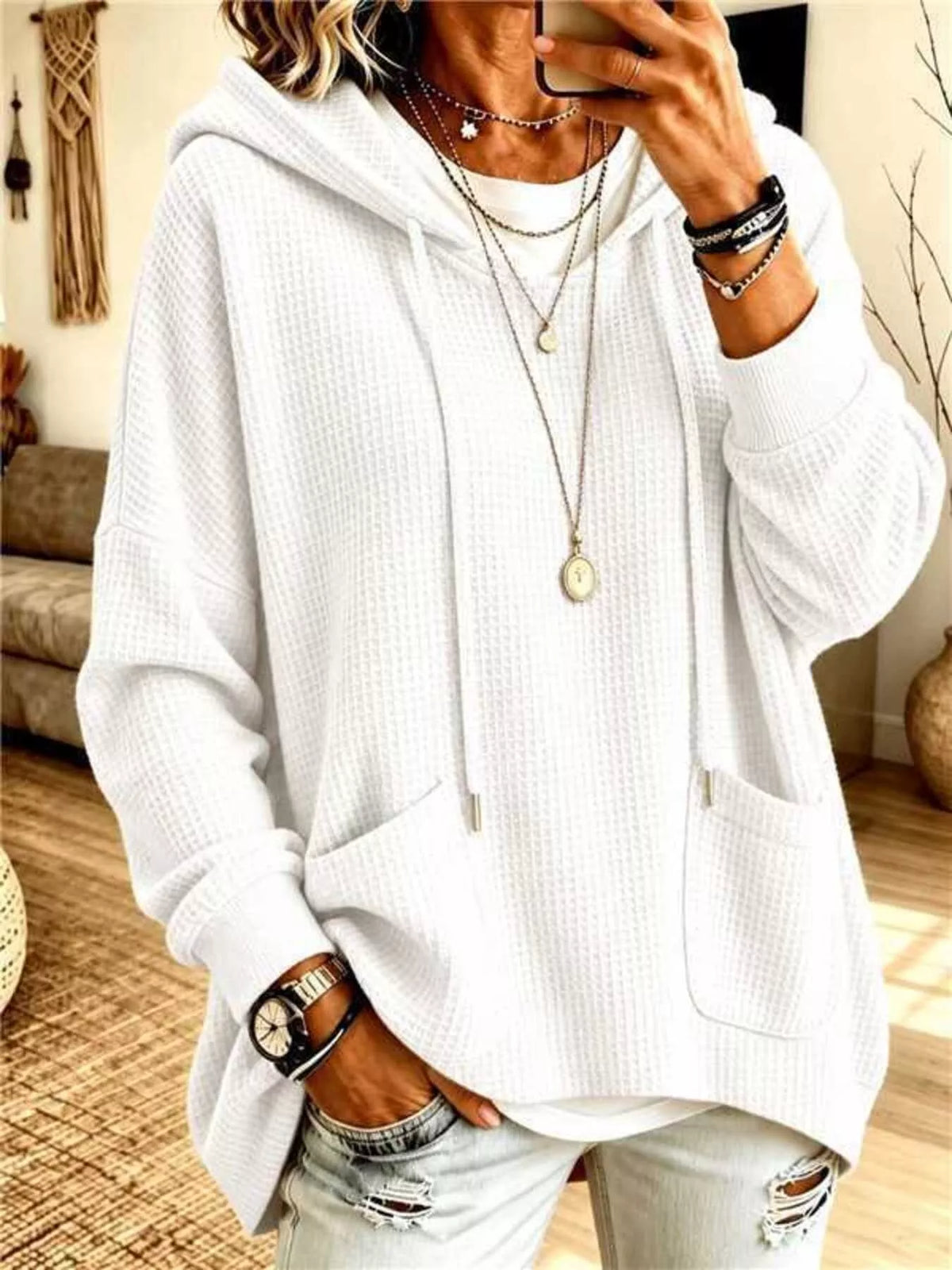 Full Size Waffle Knit Drawstring Long Sleeve Hoodie Plus Size
