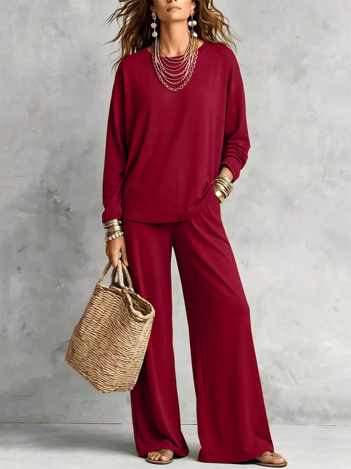 Round Neck T-Shirt and Wide-Leg Pants Set - Lilixa.store