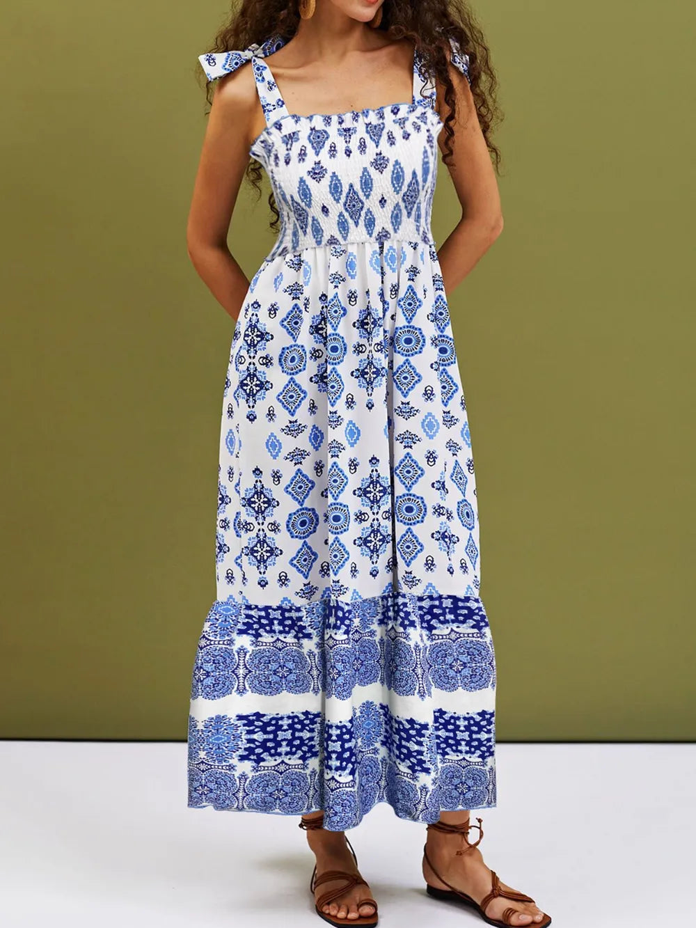 Smocked Printed Square Neck Cami Dress - Lilixa.store