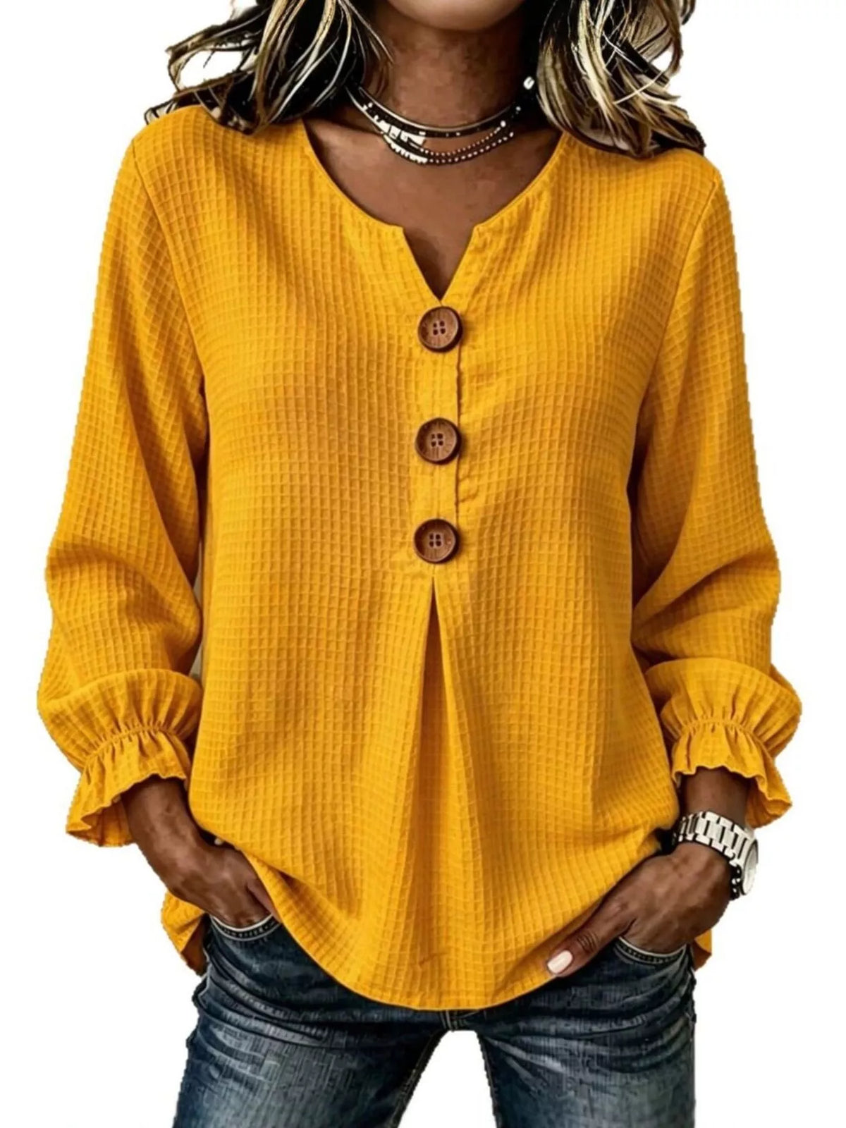 Full Size Waffle Knit Flounce Sleeve Blouse Plus Size in Mustard