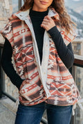 Geometric Print Fleece Metal Button Placket Shift Silhouette Vest - Lilixa.store