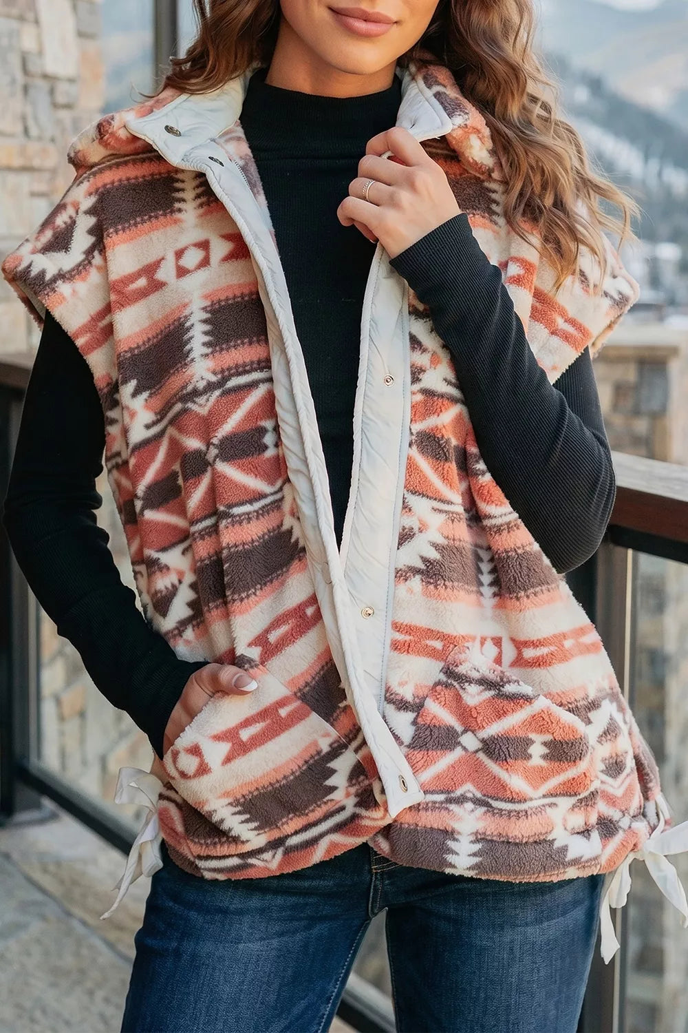 Geometric Print Fleece Metal Button Placket Shift Silhouette Vest - Lilixa.store