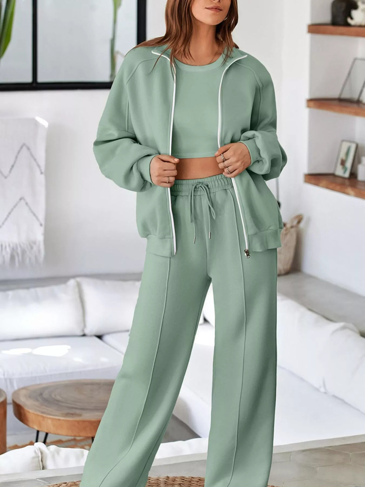 Drop Shoulder Zip Up Jacket and Drawstring Pants Active 2pcs Set - Lilixa.store