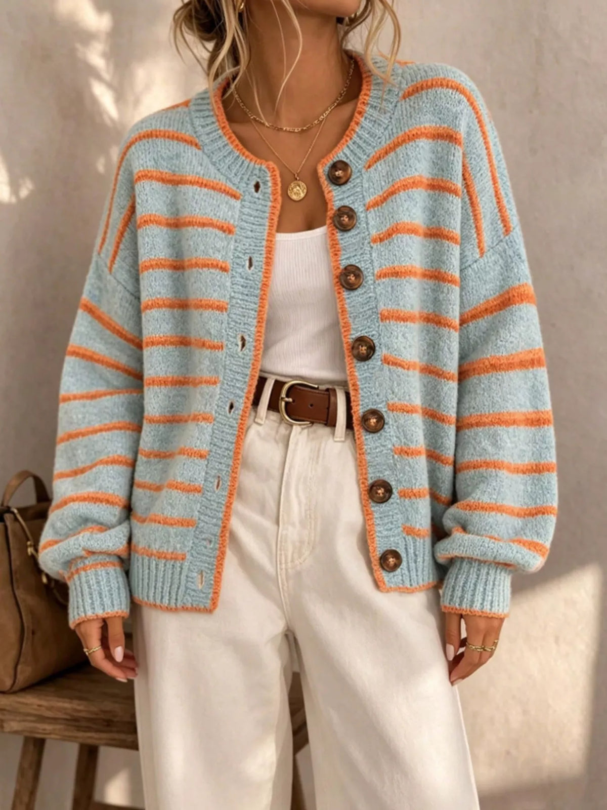 Striped Button-Down Knit Cardigan - Lilixa.store