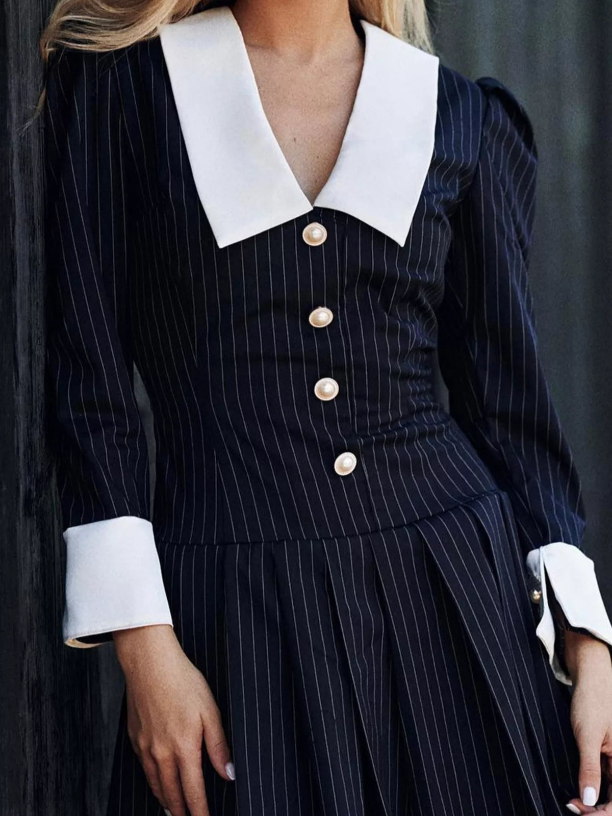 Striped Long-Sleeve Pleated Mini Dress - Lilixa.store