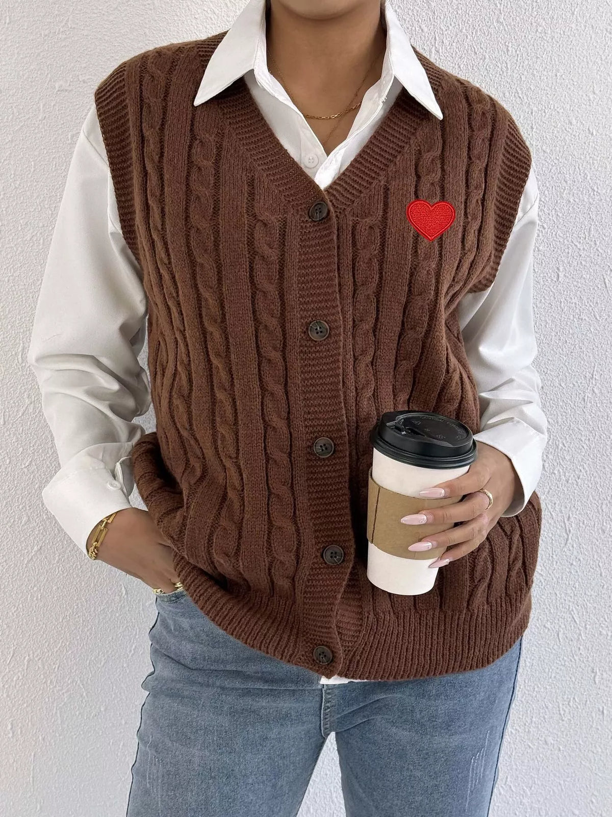 V-Neck Cable Knit Button-Down Sweater Vest with Heart Embroidery