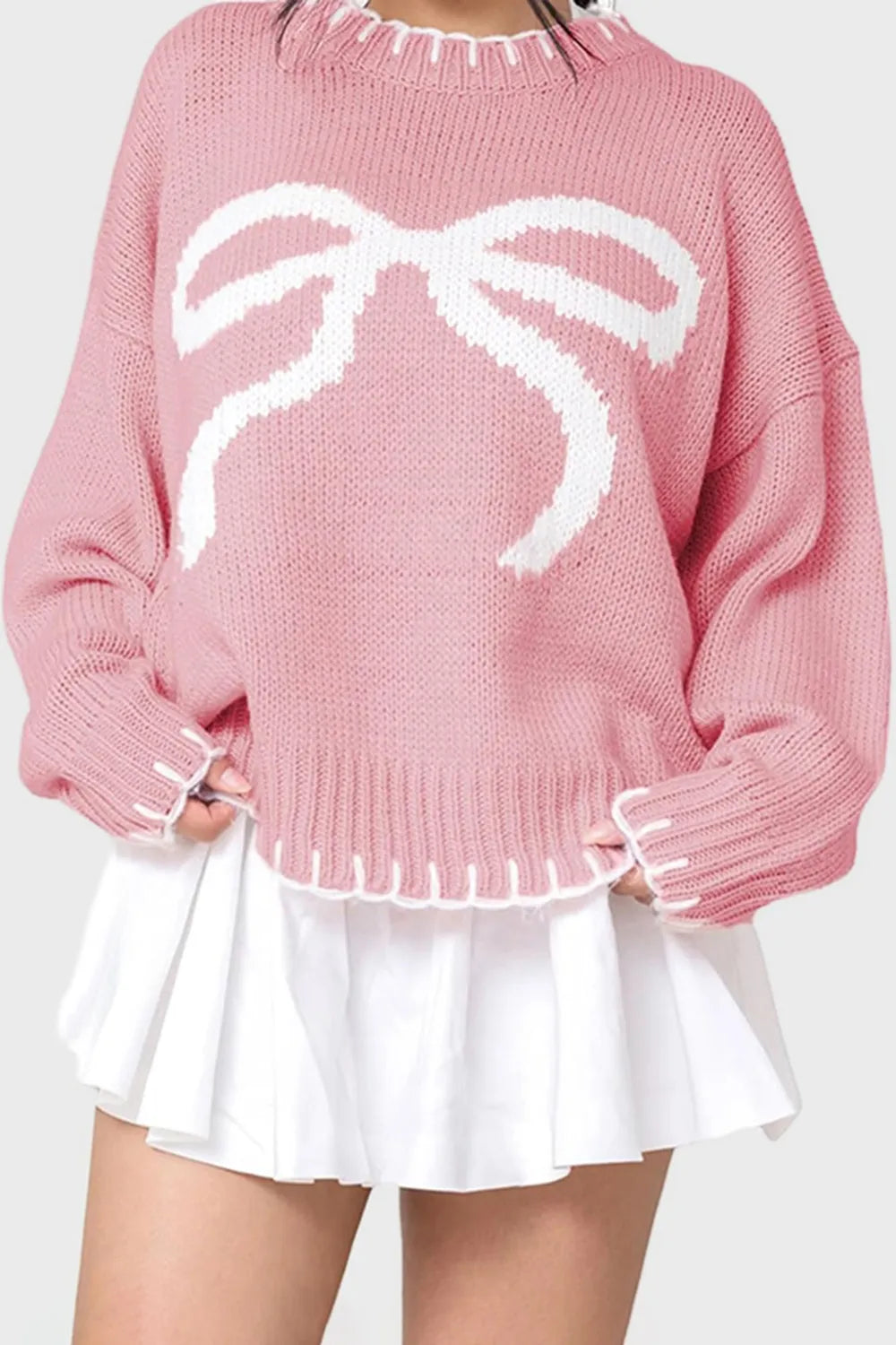 Bow Graphic Round Neck Long Sleeve Sweater - Lilixa.store