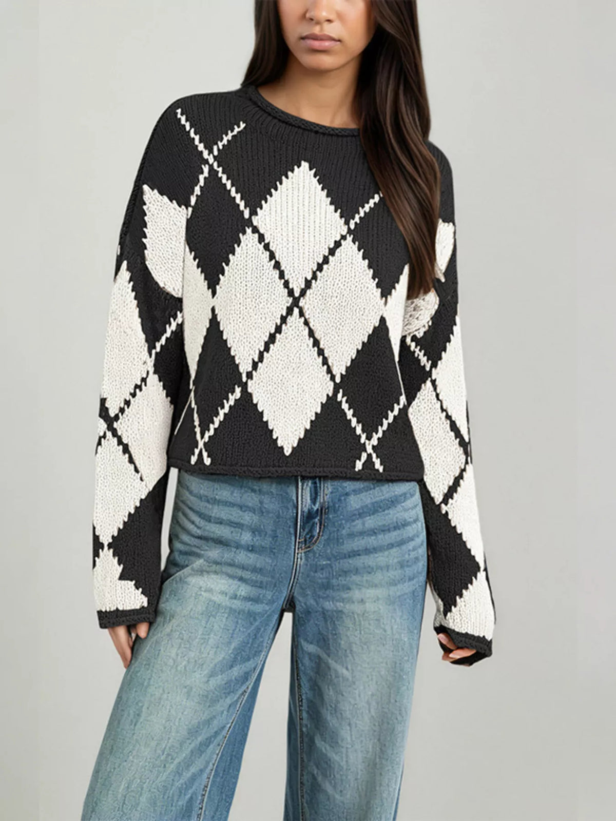 Argyle Pattern Knit Dropped Shoulder Sweater - Lilixa.store