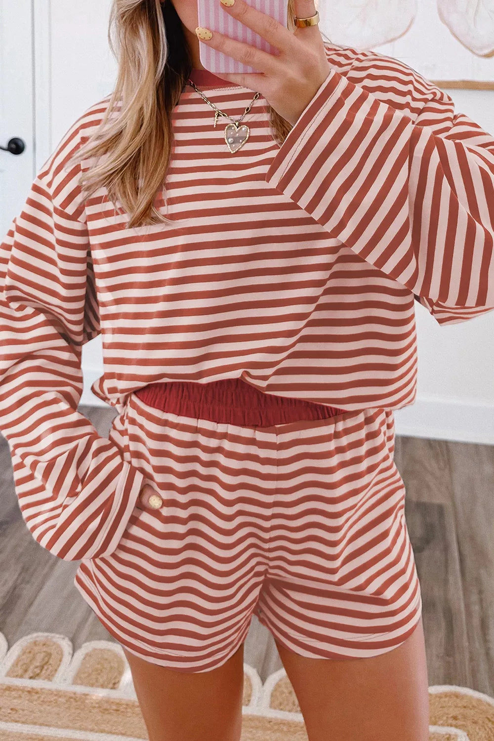 Stripe Relaxed Long Sleeve Top Contrast Elastic Waistband Short Set - Lilixa.store