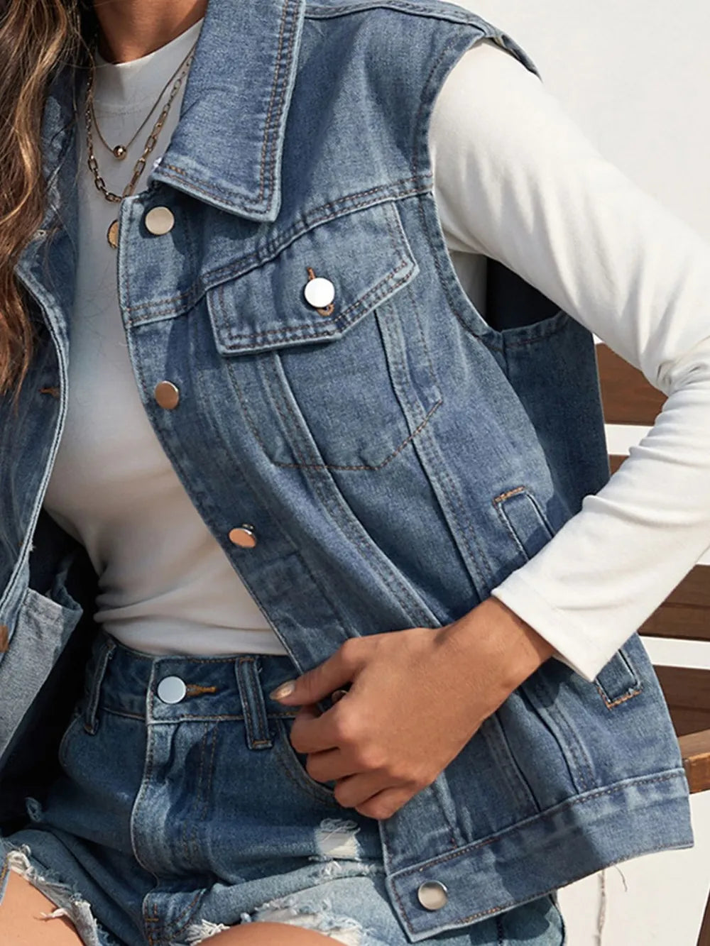 Collared Neck Sleeveless Denim Jacket in Black, view 5