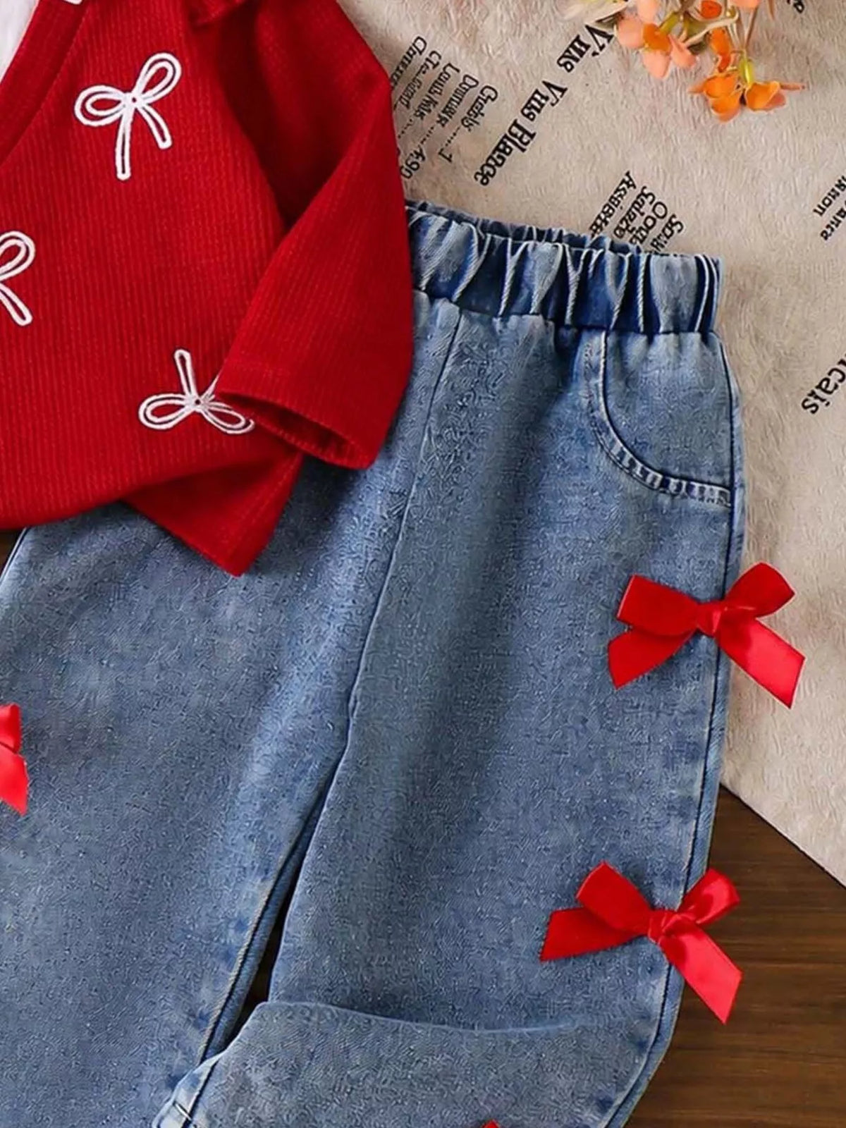 Children's Festive Bow-Embellished Knit Sweater and Jeans Set in Red, view 5