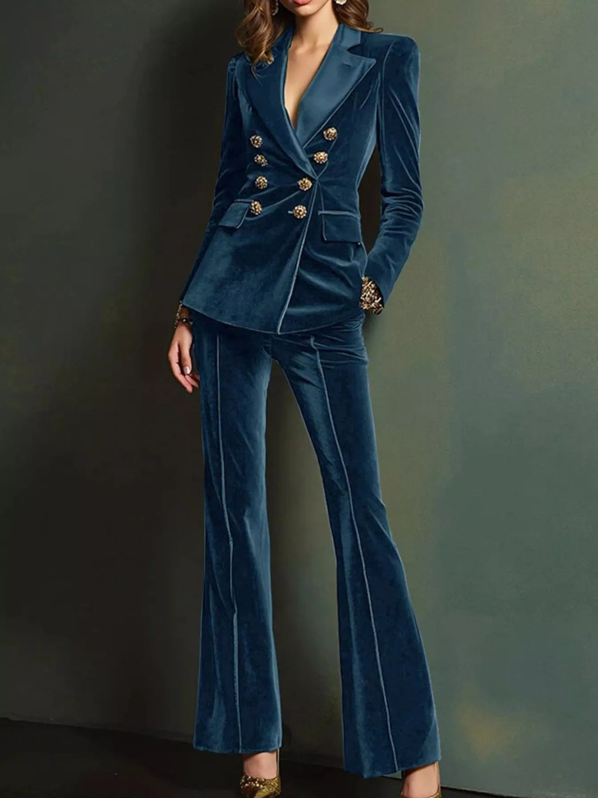 Velvet Double-Breasted Blazer and Flare Pant Set in Peacock Blue