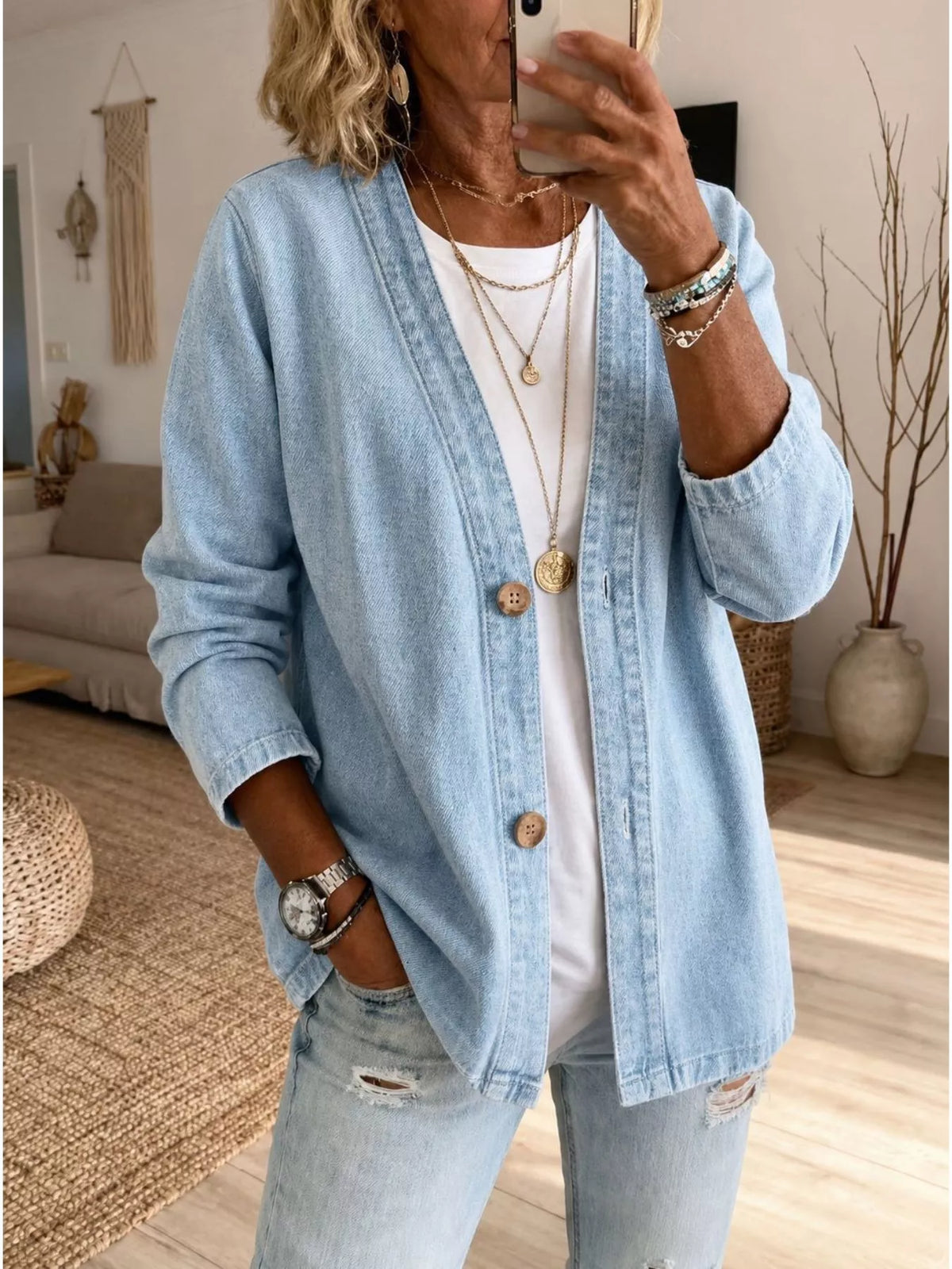 V-Neck Button-Down Denim Jacket in Light Blue