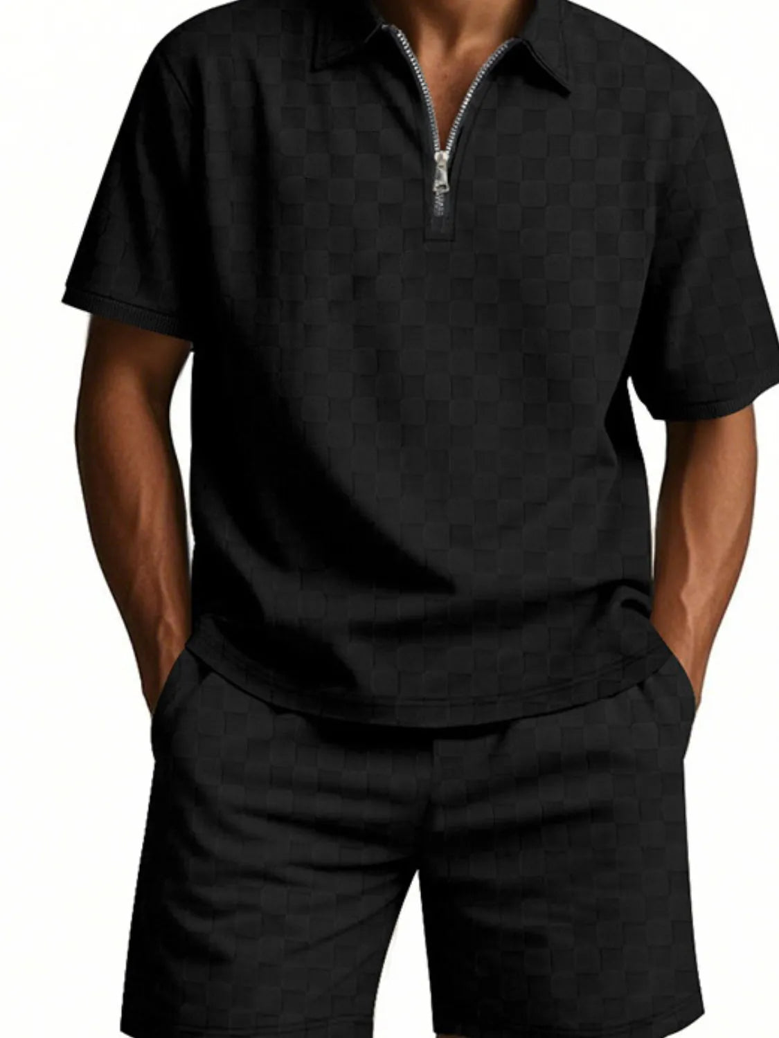 Men's Full Size Quarter Zip Short Sleeve Top and Shorts Set Plus Size in Black