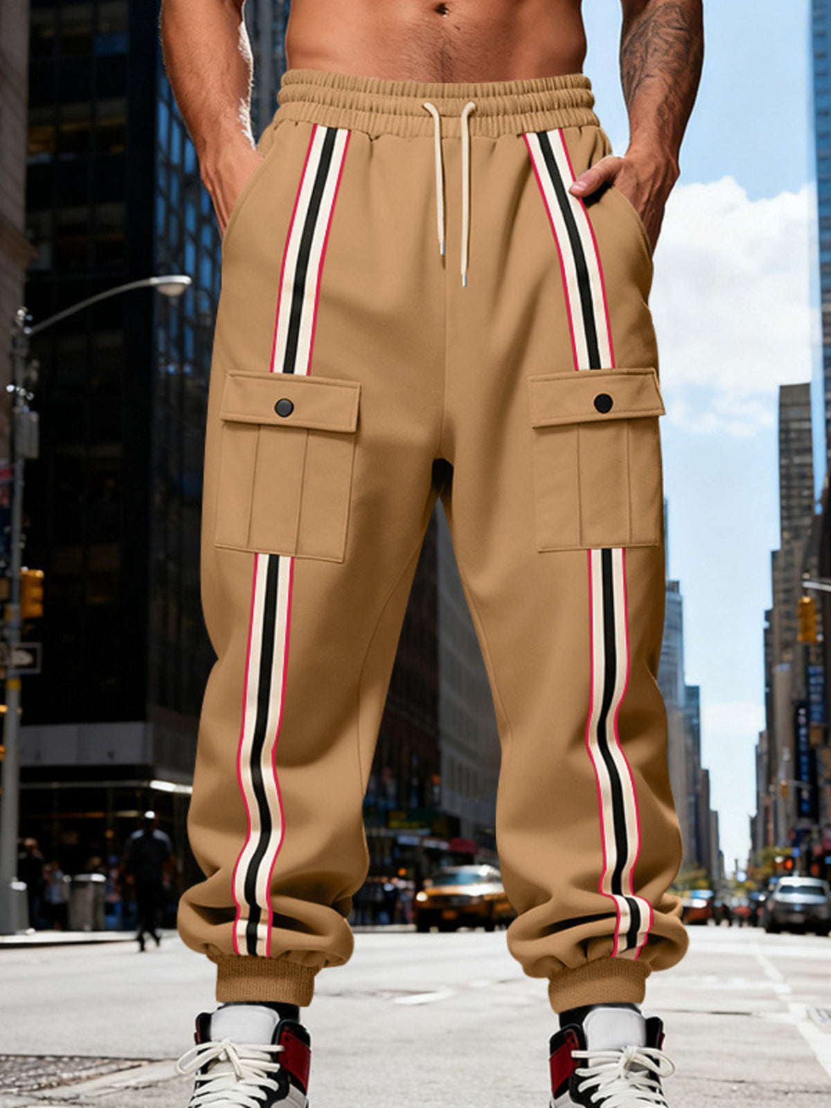 Men's Full Size Casual Striped Cargo Joggers Plus Size