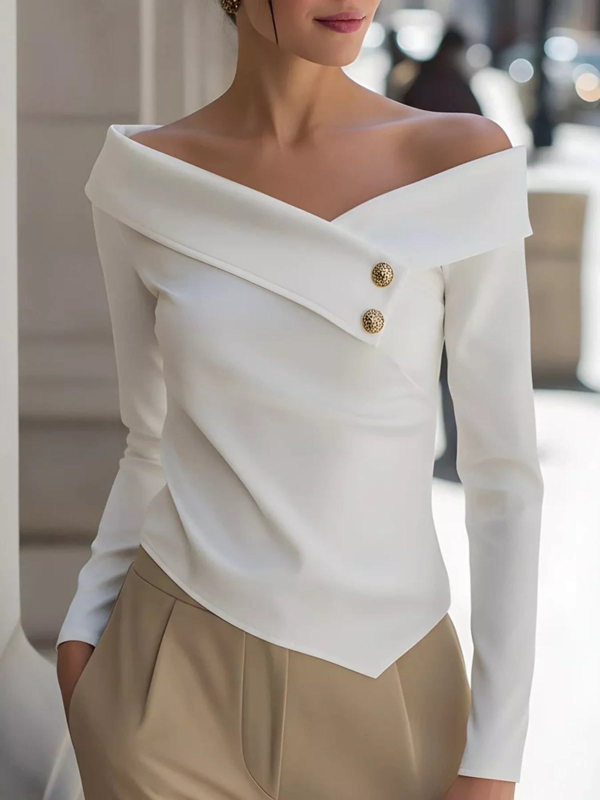 Elegant Off-the-Shoulder Blouse with Decorative Buttons in White